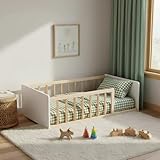 Terre de Nuit Lit Enfant Inspiration Montessori au Sol à barreaux Naturel et Blanc 90x190