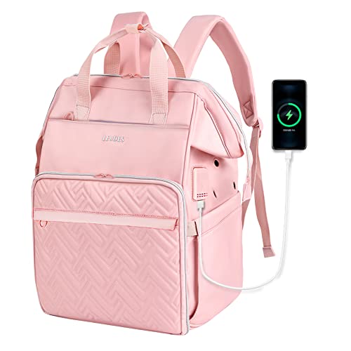 Leudes Mochila de tricô, organizador de fios, bolsa grande de crochê com porta de carregamento USB, serve para laptop de 15,6 polegadas para agulhas de tricô (até 14 polegadas) e ganchos de crochê rosa
