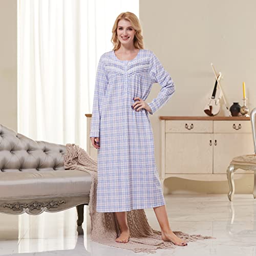 Keyocean Cotton Plaid Women Nightgowns, Soft Warm Comfortable Lightweight Long Sleeves Ladies Nightdress, Blue Plaid, Xx-Large #TOP2