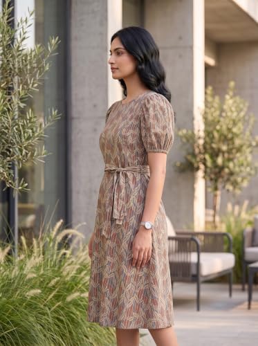 Image of HELLCAT Women Floral Fit & Flare Midi Dress | Round Neck, Puff Short Sleeve, Waist Tie-Up Belt | Casual Brunch Wear, Western One Piece, A-Line Long Frock, Summer Party Outfit