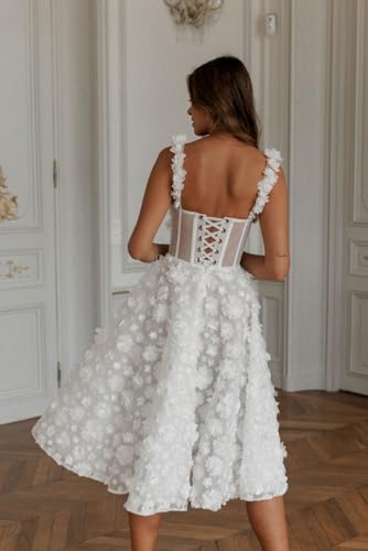 Women's 3D Floral Lace Wedding Dresses for Bride Spaghetti Straps A Line Long Prom Dress Tea Length Bride Dress3