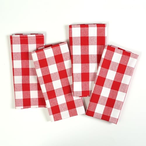 Image of Gingham Check Dish Towels 12 Pack, 18 inchx26 inch, Absorbent Hand Towels for Kitchen Use, Quick Dry Cloths, 100% Cotton, Durable Washable Rags, Reusable Dishcloth Set - Red, White