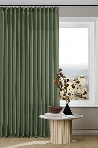 Image of Thick Linen Olive Green Curtains 96 Inches Long for Living Room Bedroom Aesthetic Pinch Pleated Drapes with Hooks Rings Back Tab Light Filtering Ceiling Floor Custom Made Memory Trained Curtain Loden