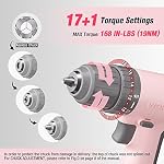 WORKPRO 12V Cordless Pink Drill Set, Electric Drill Kit with 3/8-Inch Keyless Chuck, 6 Pcs Bits, Variable Speed, 18 Touque Setting, Type-C Charge Cable, Led Light
