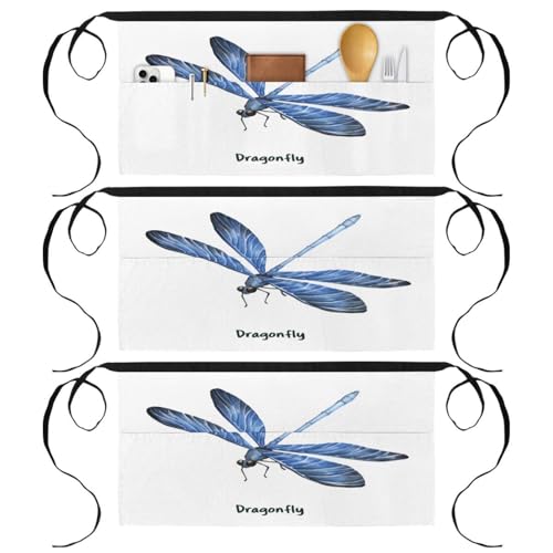Lot de 3 demi-tabliers de chef à poches motif libellule bleue pour cuisine et bistrot