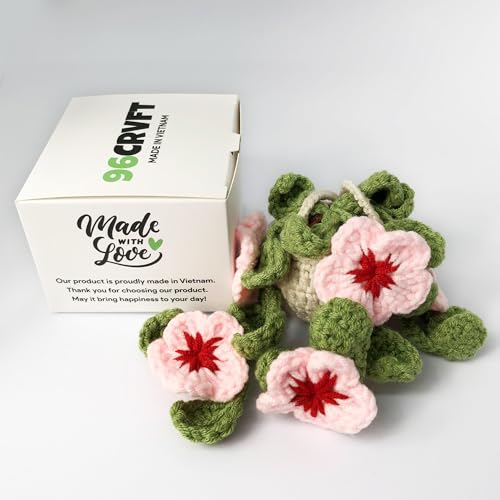 96CRVFT Cute Crochet Cherry Blossom Hanging Plant for Car Accessories, Aesthetic Decor Rear View Mirror Hanging Ornament for Women and Men, Handmade Cute Car Interior Decor Accessories Gift