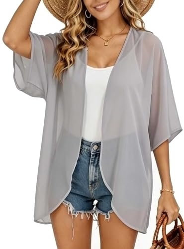 Image of FINOCEANS Womens Floral Chiffon Kimono Cardigans Loose Beach Cover Up Half Sleeve Tops