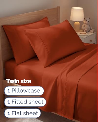 Image of Twin 4 Piece Bed Sheet Set - Soft, Breathable & Cooling Sheets - Terracotta | Ultra Soft Hotel Luxury Bedding Set with 8-16 Inch Deep Pockets, 1 Flat & 1 Fitted Sheet & 2 Pillowcases, Wrinkle & Fade Free