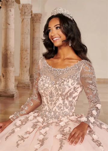 ZHengquan Flower Apllique Quinceanera Dresses Ball Gown Long Sleeves Tulle Sweet 16 Dresses Beaded Puffy Princess Dress4