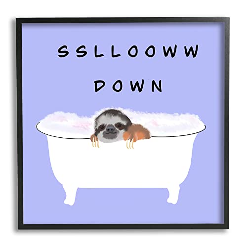 Image of 'Slow Down Baby Sloth Bubble Bath Lavender'| Framed Giclee Art | Stupell Industries | Black, 24 x 24 Inches, Easy to Hang and Sturdy, Made in USA, by Ashley Singleton