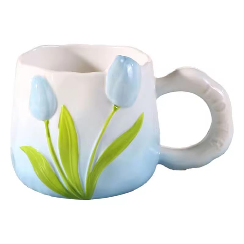 Floral Tulip Ceramic Coffee Mug 400ml | Cute Flower Design Tea Cup with Comfortable Handle | Coffee, Tea, Milk & Juice Mug | Microwave & Dishwasher Safe | Gift for Women, Girls, Kids & Adults (Blue)