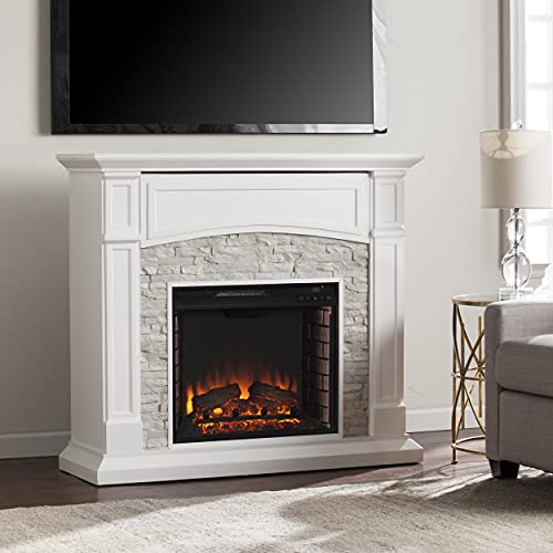 Sei Furniture Seneca Faux Stacked Stone Alexa-Enabled Electric Hidden Media Shelf Fireplace, Crisp White #TOP4