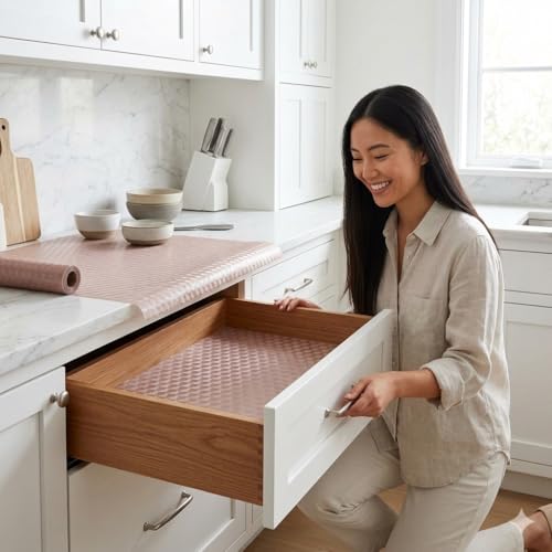 Image of Dribble EVA Shelf Liner Mat 45x500cm Roll, Non Slip Drawer & Cabinet Liner for Kitchen, Waterproof Oilproof Washable Fridge Mat, Anti Skid Cupboard Wardrobe Multipurpose Mat (Brown)