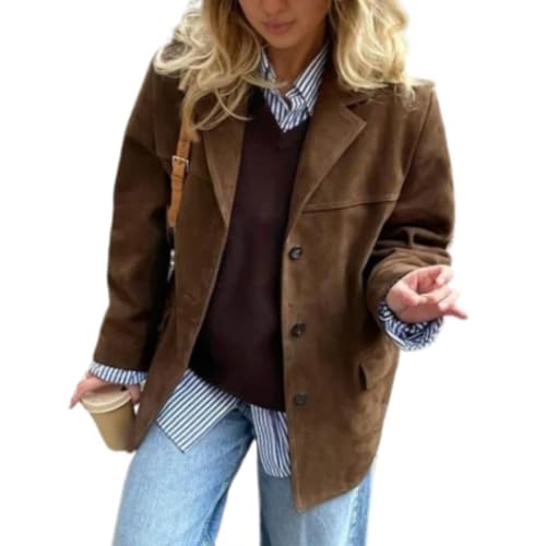 Brown Suede Jacket Women - Y2K Faux Suede Blazer Coat Vintage Aesthetics Old Money Oversized Outerwear