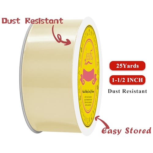 Image of Double Face Cream Satin Ribbon 1-1 /2 inch X 25 Yards Polyester Cream Ribbon for Gift Wrapping Very Suitable for Weddings Party Hair Bow Invitation Decorations and More