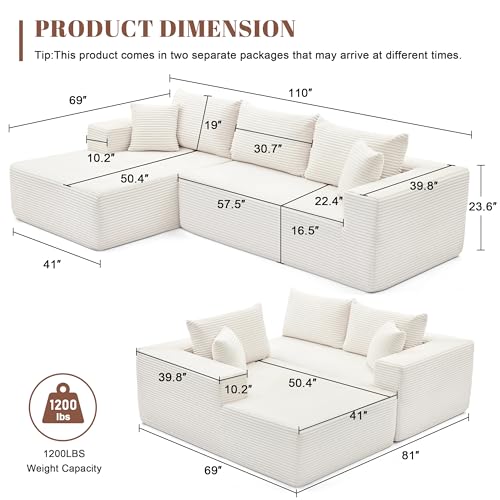 110” Cloud Sectional Couch, Modular Sectional Sofa for Living Room, Boneless Sofa with Deep Seat, Comfy Fluffy Couch with L-Shaped Chaise, No Assembly Required (Left-Facing Chaise, Beige)