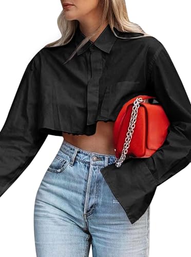 Women Cropped Button Down Shirt Asymmetric Hem Long Sleeve Collared Blouse Top