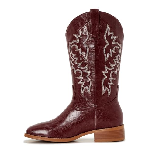 Image of Cowgirl Boots Square Toe Cowboy Boots For Women Ladies Mid Calf Low Heel Flat