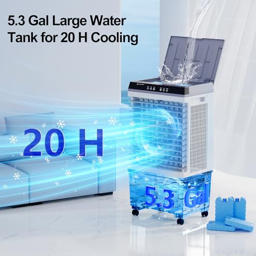 Image of Uthfy Evaporative Air Cooler, 1800 CFM Swamp Cooler Air Conditioner, 31 inch | 3-IN-1 Unit, 5.3 Gallon Water Tank, 6 Ice Packs, 12H Timer, 120Oscillation, Cooling Fan for Bedroom, Office, Garage