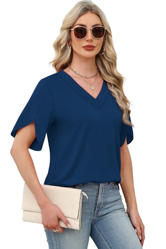 Image of WIHOLL Womens Summer Tops Short Petal Sleeve Shirts Fashion V Neck Womens Clothing