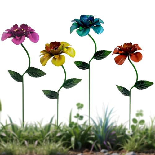gronhof Glow-in-Dark Metal Flowers for Outside, 4 Pack Garden Stakes Waterproof, Angela Roses Yard Art, Decorative Garden Stakes for Lawn, Planters, Porch and Pathway
