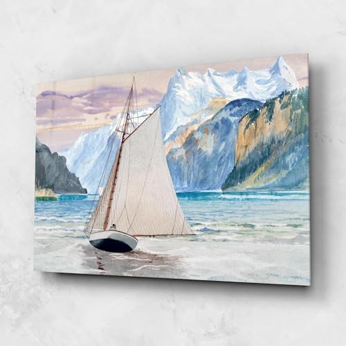 ARTHUB® Quadro in vetro 80x120 cm, 4mm temperato | Quadri moderni in vetro per soggiorno e camera da letto, decorazione da parete, arredamento d'interni, Paesaggi, Boat Mountain View