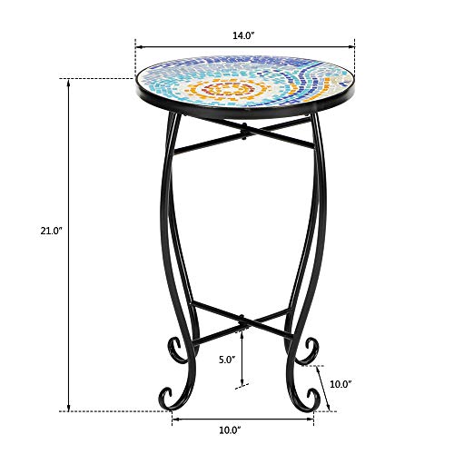 Rpuzonier Outdoor Mosaic Side Table, 14\" Small Round Patio Accent Table, Mosaic Plant Stand Table Metal Scrollwork Accent Table Coffee Tea Table Nightstand for Home Garden (Blue Hawaii) - Thumbnail 3