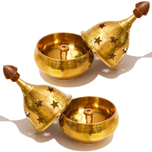 Image of Brass Diya Pure Brass Traditional Oil Puja Lamp for Temple, Mandir, Festival Decoration, Home Decor & Diwali Gift (Star Dome, Set of 2)