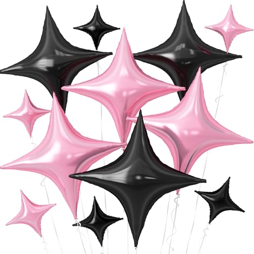 Image of Pink Black Star Balloons,12Pcs Four Angle Star Foil Balloons | 26Inch and 10Inch Pink Black Quadrangle Star Helium Balloon for Birthday Baby Shower Wedding Party Decorations