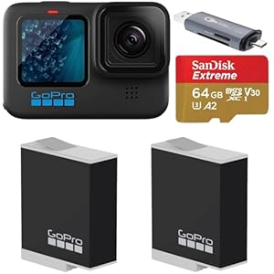 GoPro HERO11 Black, Waterproof Sport and Action Camera, 5K/4K Video, Bundle with 2 Extra Battery, 64GB microSD Card, Card Reader