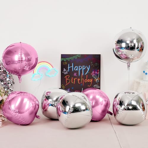 Image of Pink Silver Round Foil Balloons Birthday Prom Decor 22 Inch 6 Pcs | Metallic Pink and Silver 4D Helium Ball Balloons for Girls Anniversary Baby Shower Wedding Party Backdrop Decorations