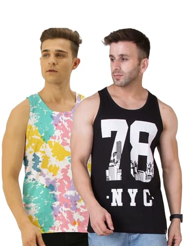 Image of Veirdo Pure Cotton Sleeveless Vest Combo for Men & Boys (Scoop Neck, Regular Fit, Multicolor, Printed, Suitable for Gym, Beach, Casual & Sports) (Pack of 2)