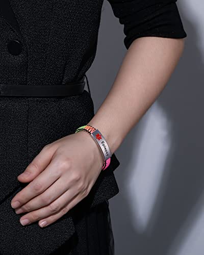Jf.jewelry Epilepsy Medical Id Bracelet For Women | Customized Black & Rainbow Nylon Braided Medical Alert Emergency Bracelet For Girls #TOP1