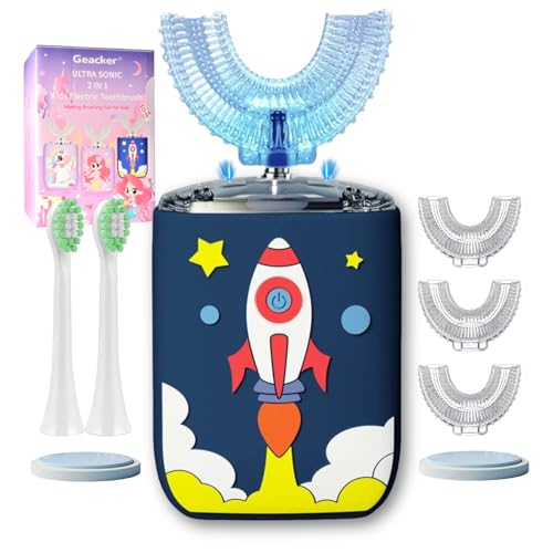 Geacker Cepillo de dientes eléctrico ultrasónico automático en forma de U para niños con 5 cabezales de cepillo, 6 modos de limpieza, IPX7, impermeable, boca completa, recargable, temporizador