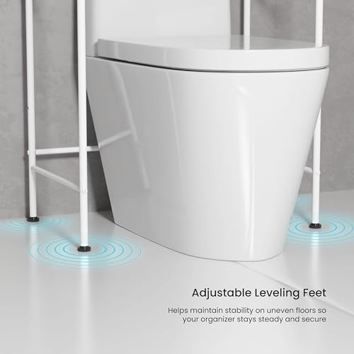 Image of Home Zone Living Over-the-Toilet Bathroom Storage Cabinet Organizer | Freestanding Steel Frame Design with 3-Tier Shelves, Wide Stabilizing Base and Adjustable Feet, White