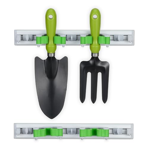 Relaxdays Gerätehalter Wandhalterung 2er Set, Besenhalter mit Haken, je 2 Wandklemmen für Gartengeräte, Alu, Silber/grün