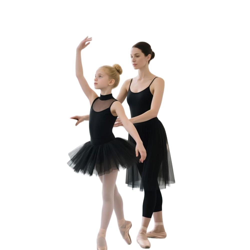 JJDFW - Body a maniche lunghe da bambina, per danza classica, ginnastica, danza, gonna in rete con grande schiena cava e fodera morbida