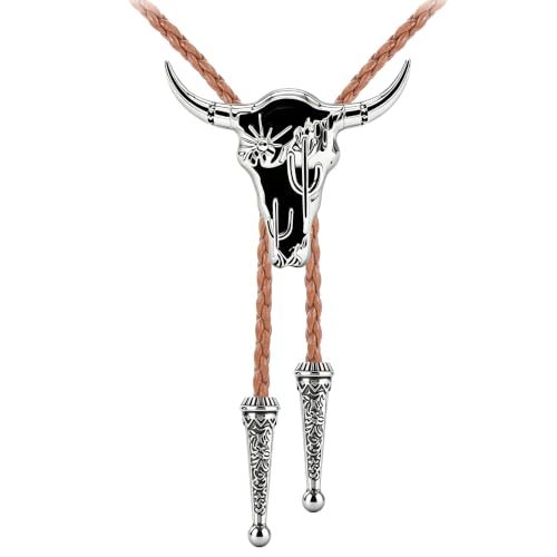 Image of GelConnie Cowboy Ties for Men Black Longhorn Cactus Western Bolo Tie Cord | Black Longhorn Cactus Bolo Tie with Enamel Accent, Adjustable Faux Leather Cord for Western Ties for Men and Cowboy Outfit