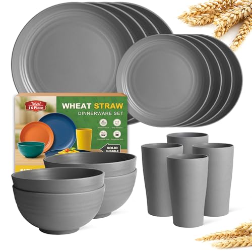 Teivio 16-Piece Kitchen Plastic Wheat Straw Dinnerware Set,...