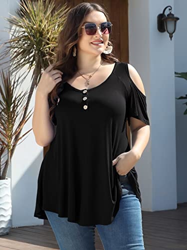 LARACE Cold Shoulder Tops for Women Plus Size V Neck T Shirts Short Sleeve Summer Clothes Button Up Tunic4