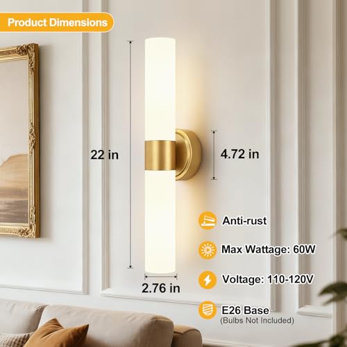 Image of Brushed Gold Wall Sconce, Bathroom Sconces Wall Lighting with Milky White Glass, Modern Sconces Wall Light fixturesfor Bathroom Mirror Bedroom Living Room Hallway (Hardwired)