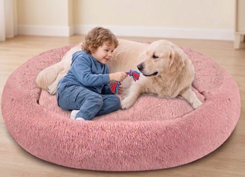 SAVFOX 54 inches Calming Donut Dog Bed - 3X Durable Plush Faux Fu...