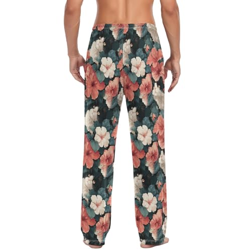 ALAZA Hibiscus Flowers Cute Cats Men’s Pajama Pants Soft Long Sleep Pants Lounge Pajama Bottoms with Pockets2