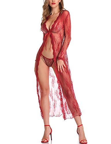 LALAVAVA Women Bride Robes Sexy Sheer Lingerie Lace Floral Kimono Long Bathrobe (65 Red, M) - Thumbnail 3