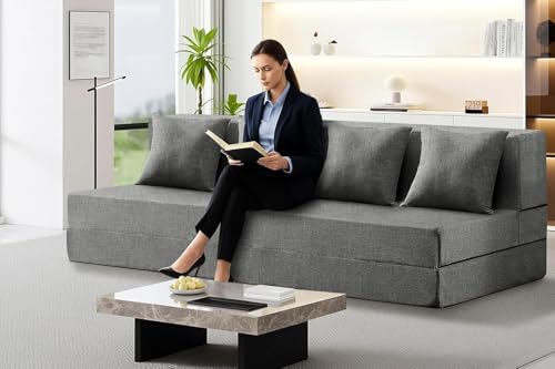 Image of Los Angeles Foldable Four Seater Sofa Cum Bed, Sofa Bed 6 X 6 Feet, Jute Fabric Washable Cover Including Four Cushion Perfect for Home & Office, Guest Room - Grey