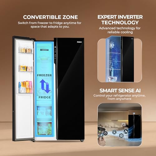 Image of Haier 602L 3Star 2 Door Premium Glass Side by Side Frost Free Refrigerator|100% Convertible|Wi-Fi|Expert Inverter Technology|Digital Display Panel|Triple Twist Ice Maker (HRS-682KGU1, Black Glass)