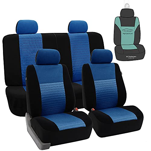 FH Group Automotive Car Seat Covers Trendy Elegance 3D Air Mesh Cloth Full Set Blue Seat Covers, Airbag and Split Rear Universal Fit Interior Accessories for Cars Trucks and SUV with Car Accessories