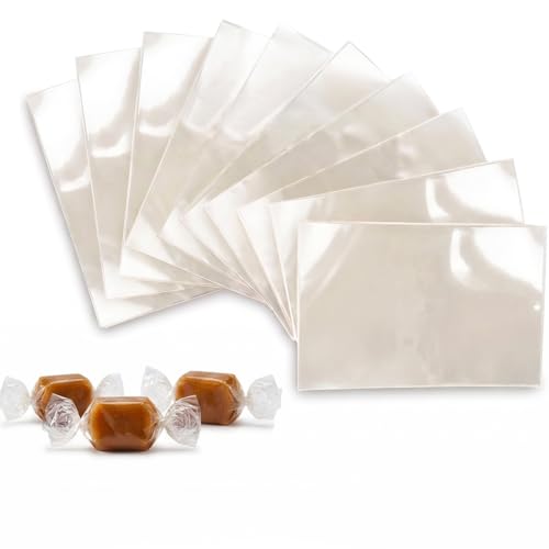 Clear Candy Wrappers for Caramels (300 Pcs 3.5x5 inches) - Natural Clear Cellophane Wrapper - Candy Wrapping Paper for Caramel, Chocolate, Nougat, and Lollipops