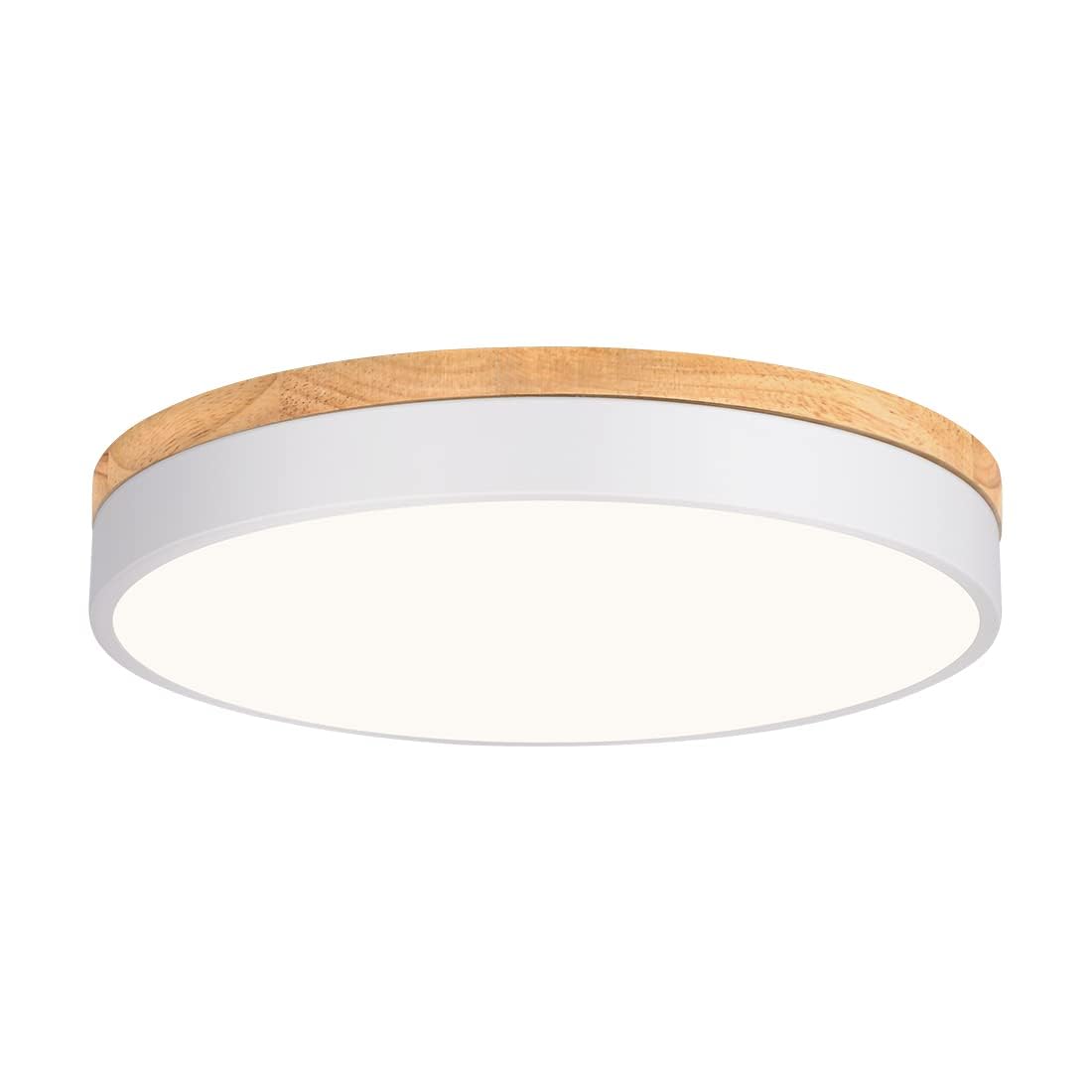 WOKNOS Modern Dimmable LED Close to Ceiling Light Minimalist Wood Oak Flush Mount Ceiling Light Fixture Circle Lighting with Lampshade for Bedroom