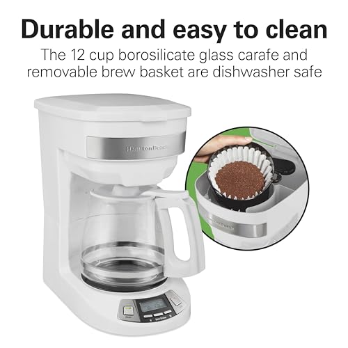 Image of Hamilton Beach 12 Cup Programmable Drip Coffee Maker Machine, Regular & Bold Brew Options, Auto Pause and Pour, Glass Carafe, White (46294J)